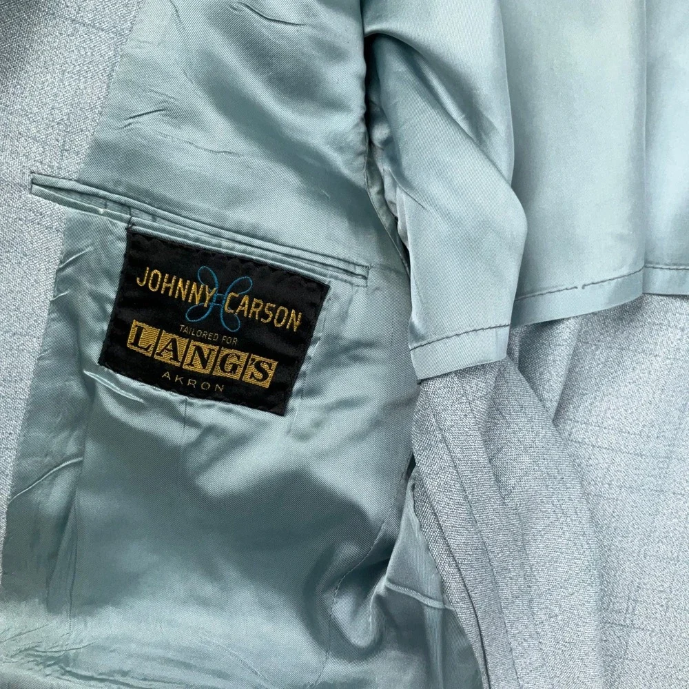Johnny Carson Suit Mens 41R 35W 31L Light Blue Windowpane 70s Style Retro Kitsch
